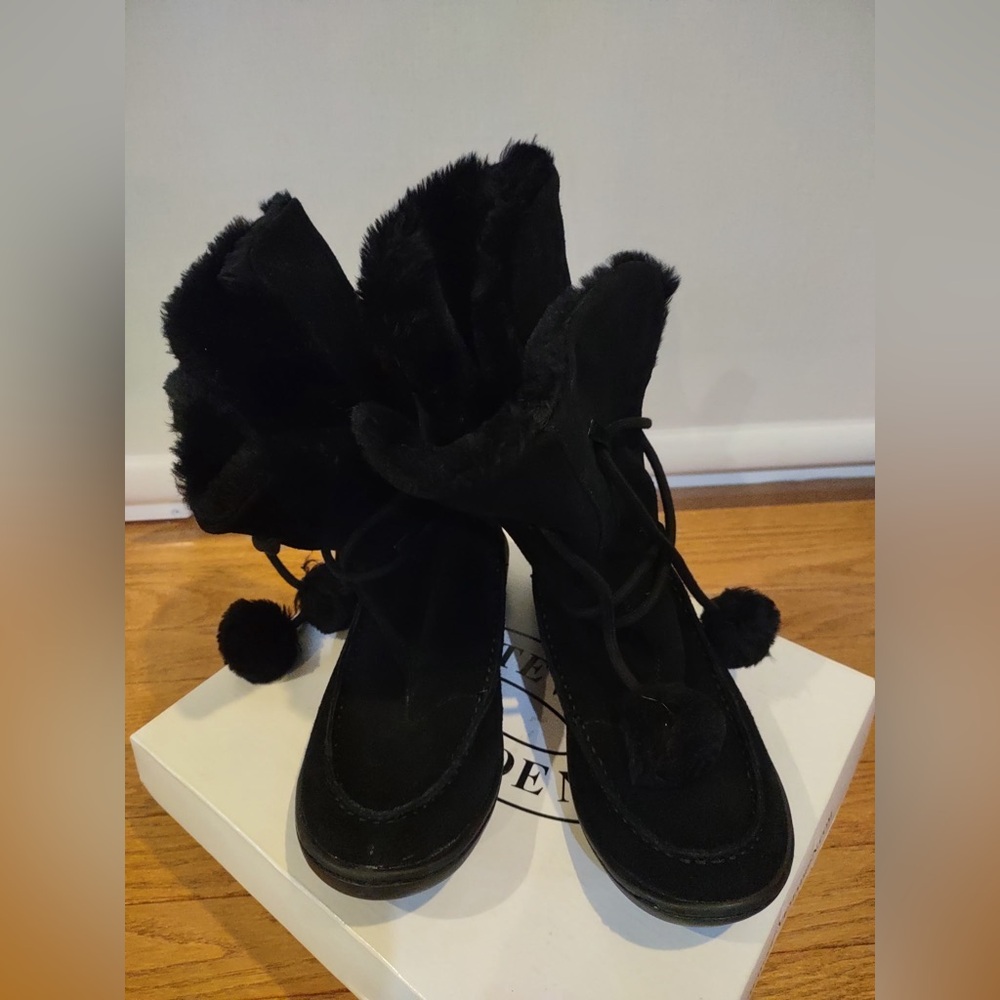 Black Fur-Lined Boots with Pom Poms